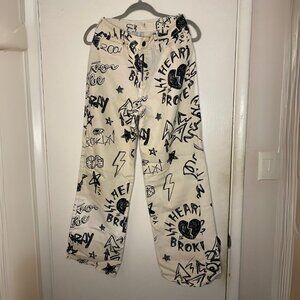 Graffiti Print Wide Leg Jeans White/Black – Size 27